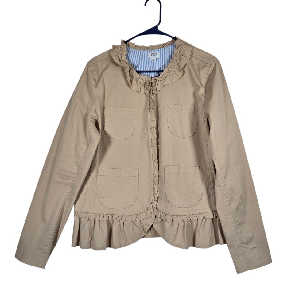 Crown & Ivy Jacket Womens 16 Solid Khaki Twill Lightweight Ruffle Trim